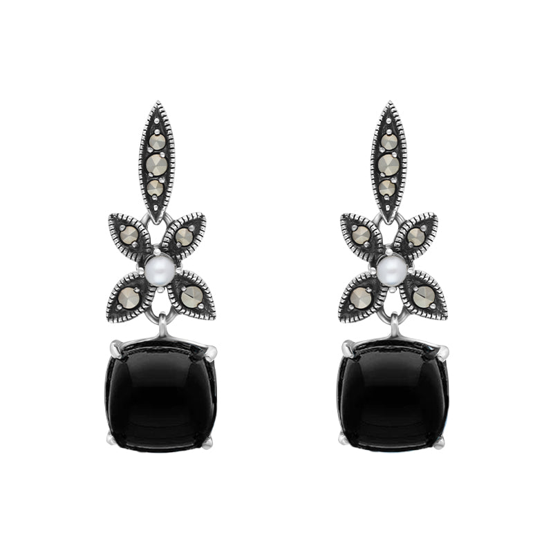 Sterling Silver Whitby Jet Pearl Marcasite Flower Drop Earrings - Silver
