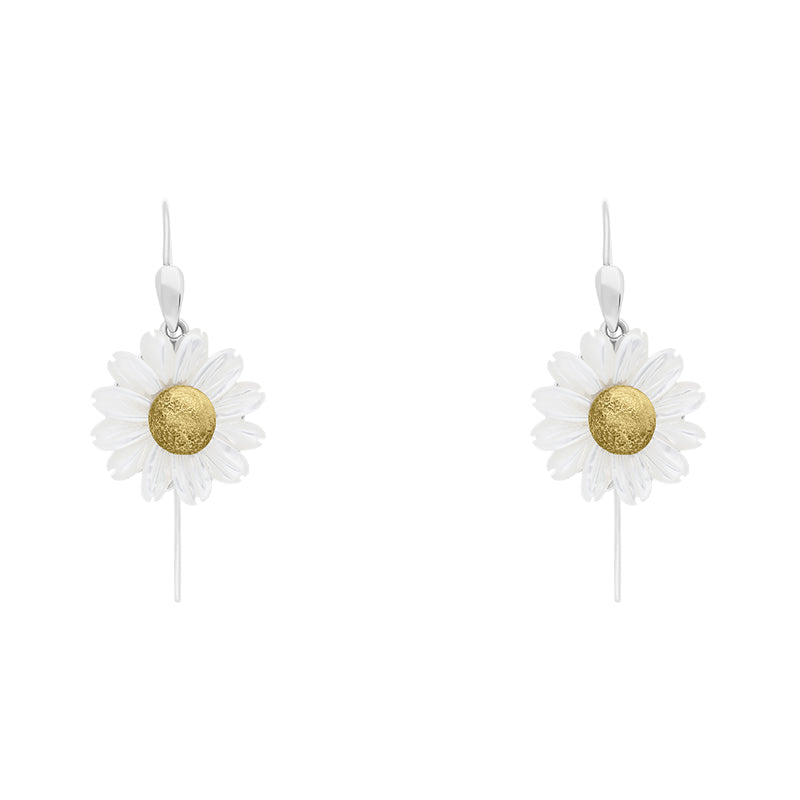 Sterling Silver Yellow Gold White Mother Of Pearl Tuberose 21mm Daisy Earrings - Option1 Value Yellow Gold