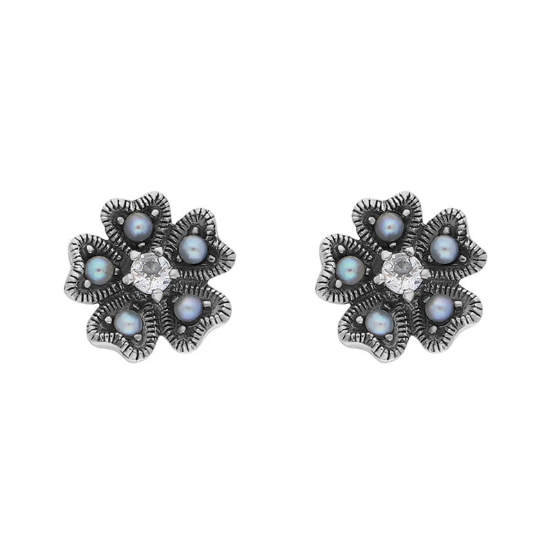 Sterling Silver Pearl Marcasite Flower Stud Earrings - Silver