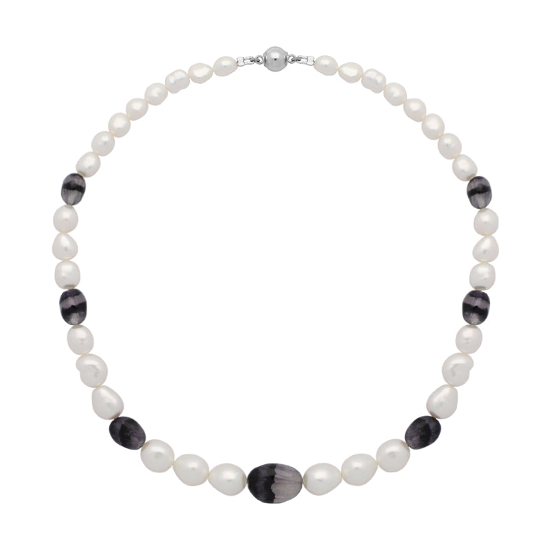 Sterling Silver Blue John Pearl Magnetic Ball Clasp Necklace D - Silver