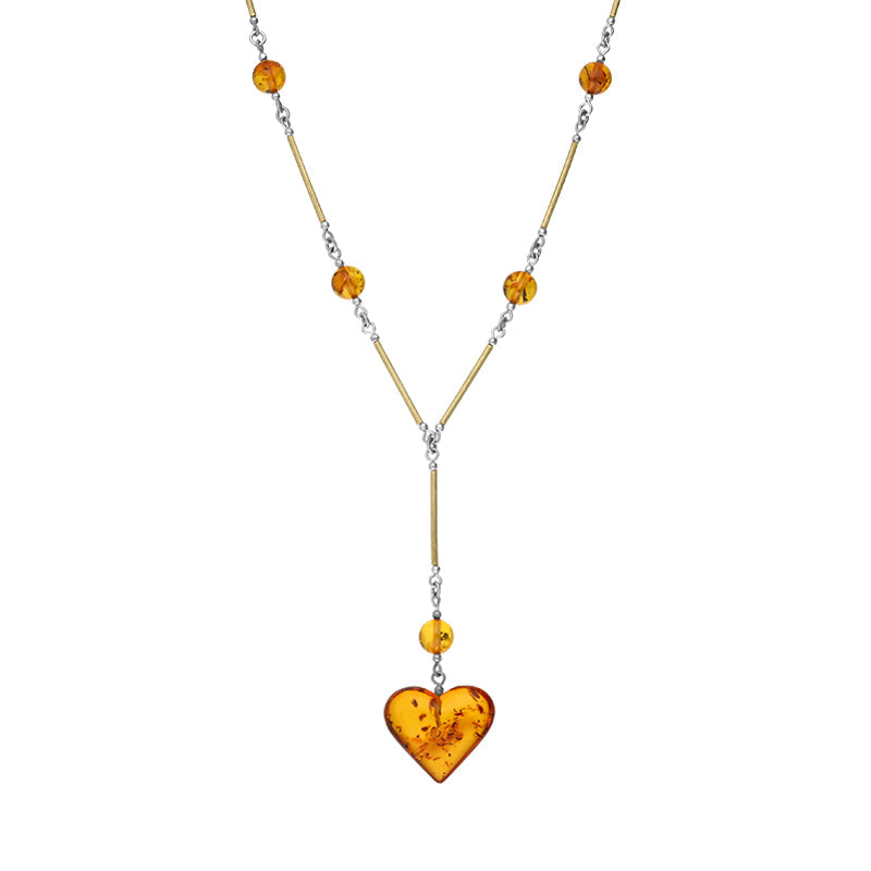 Sterling Silver Gold Plated Amber Bar Beaded Heart Necklace D - Silver