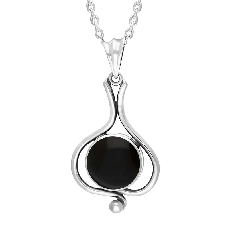 Sterling Silver Whitby Jet Round Ornate Frame Necklace