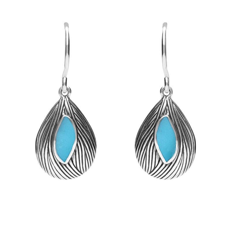 Sterling Silver Turquoise Marquise Shape Wave Wood Effect Earrings - Option1 Value Silver
