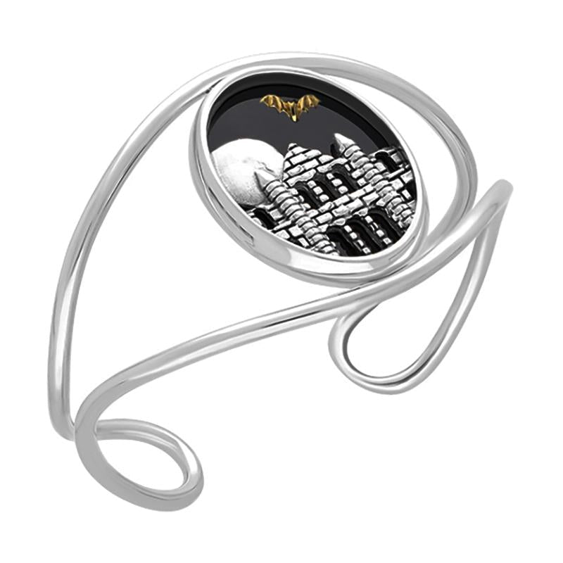 Sterling Silver 9ct Yellow Gold Whitby Jet Moon Abbey Bat Cuff Bangle - Silver