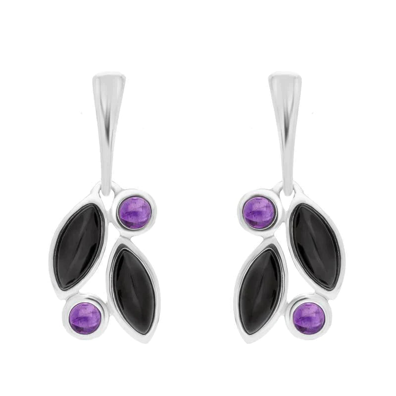 Sterling Silver Amethyst Whitby Jet Drop Stud Earrings - Silver