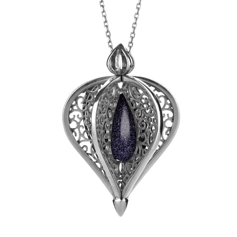 Sterling Silver Blue Goldstone Flore Filigree Droplet Necklace