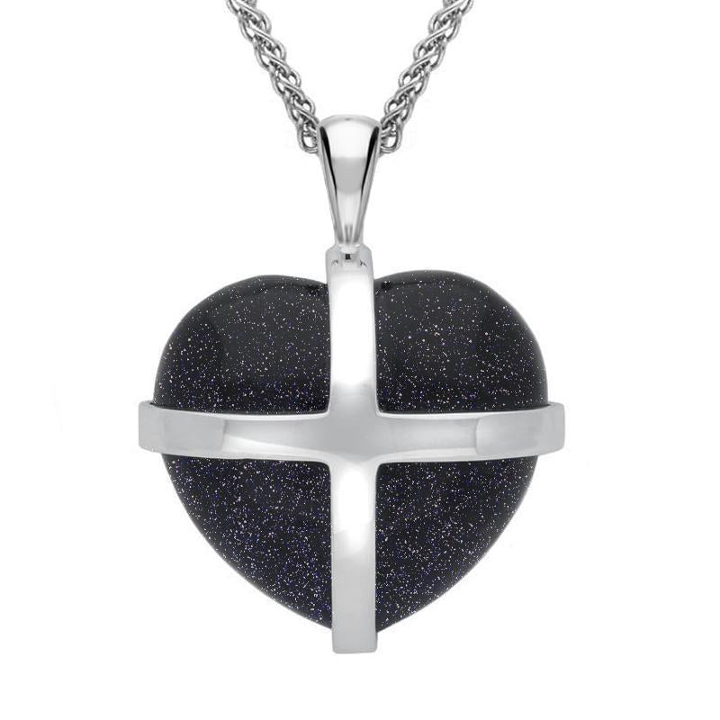 Sterling Silver Blue Goldstone Large Cross Heart Necklace - Silver