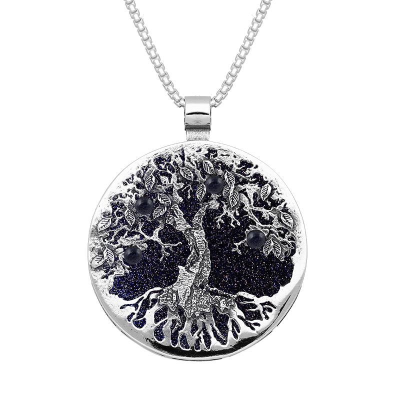 Sterling Silver Blue Goldstone Large Round Tree Of Life Necklace