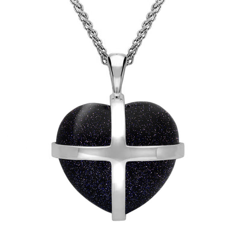 Sterling Silver Blue Goldstone Medium Cross Heart Necklace - Silver