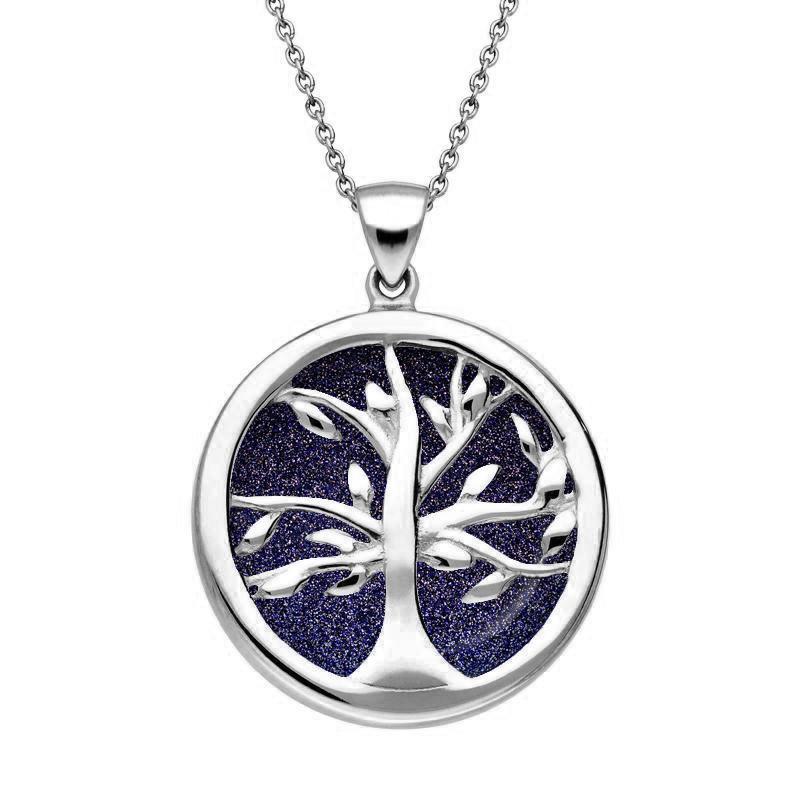 Sterling Silver Blue Goldstone Medium Round Tree of Life Necklace