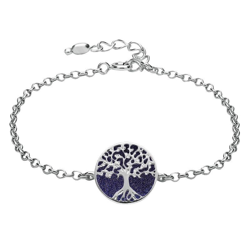 Sterling Silver Blue Goldstone Round Tree of Life Chain Bracelet