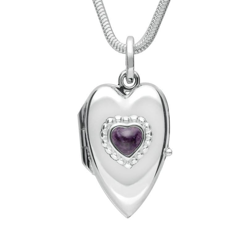 Sterling Silver Blue John Beaded Edge Heart Locket Necklace