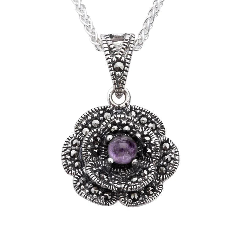 Sterling Silver Blue John Marcasite Flower Pendant Necklace - Silver