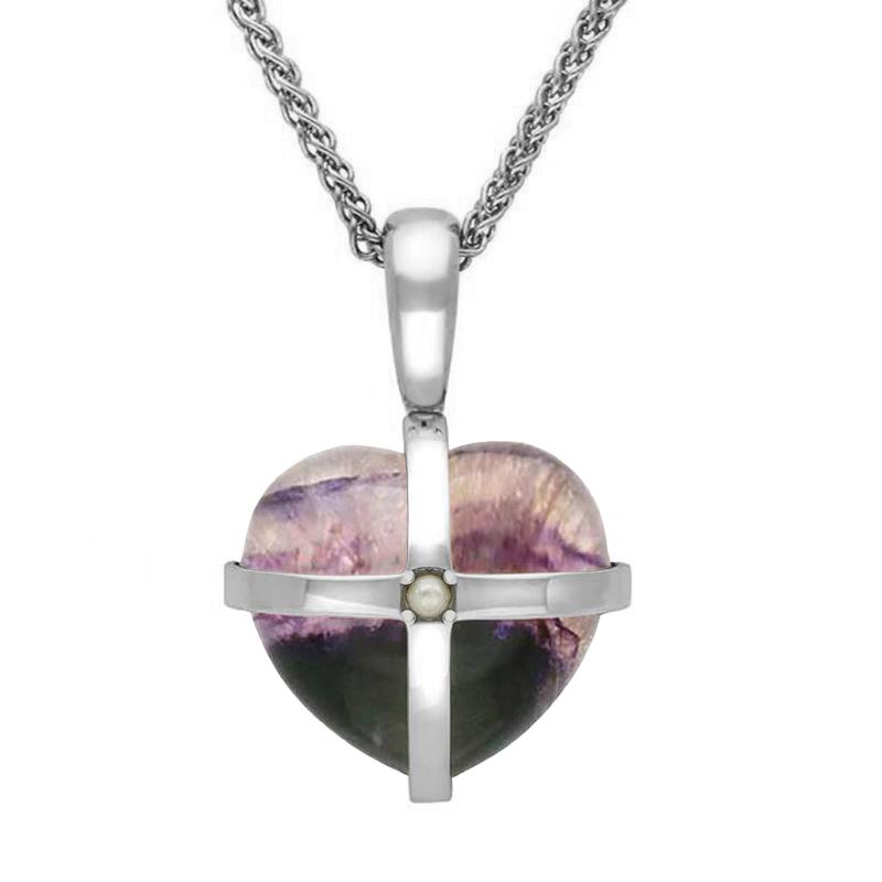 Sterling Silver Blue John One Pearl Small Cross Heart Necklace - Option1 Value Silver
