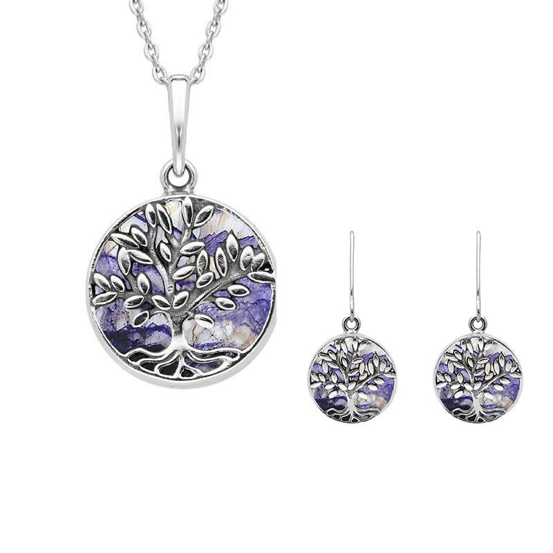 Sterling Silver Blue John Round Large Leaves Tree of Life Two Piece Set