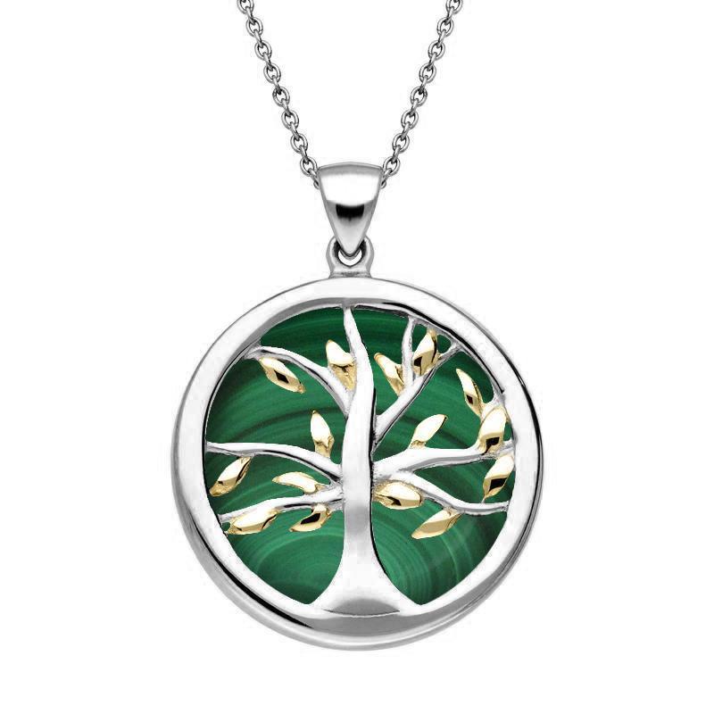 Sterling Silver Gold Plate Malachite Medium Round Tree of Life Necklace