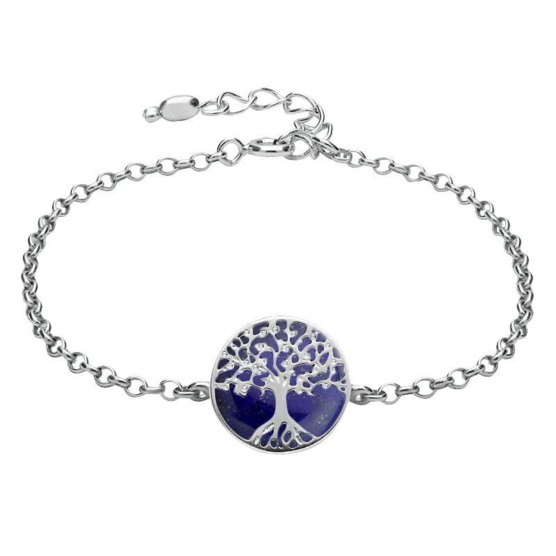 Sterling Silver Lapis Lazuli Round Tree of Life Chain Bracelet