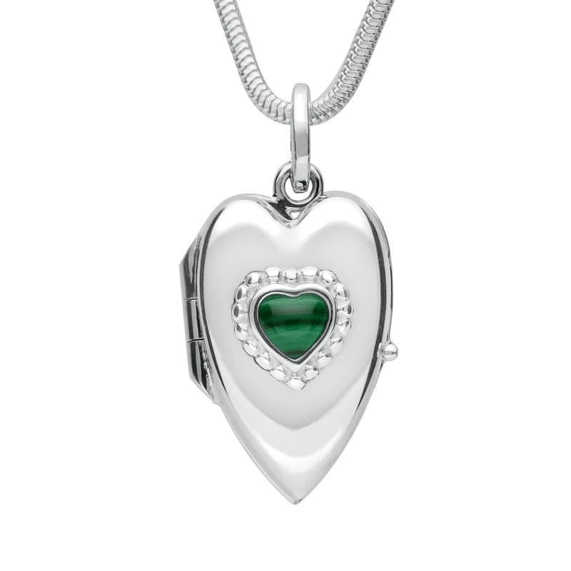 Sterling Silver Malachite Beaded Edge Heart Locket Necklace