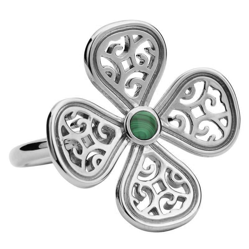 Sterling Silver Malachite Flore Four Petal Filigree Ring