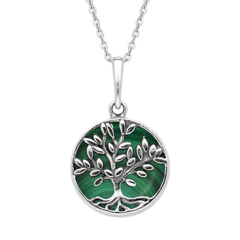Sterling Silver Malachite Small Round Large Leaves Tree of Life Necklace