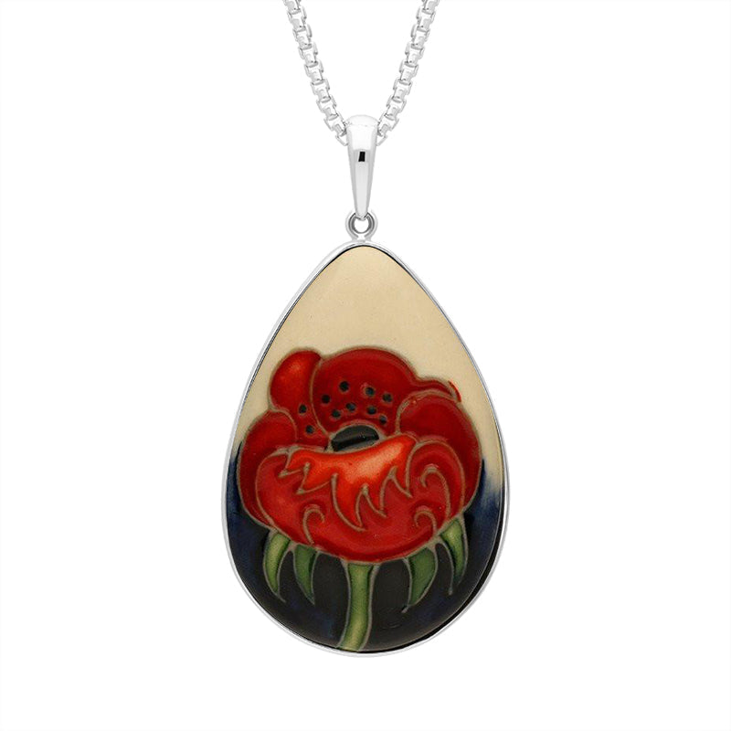 Sterling Silver Moorcroft Forever England 3 Poppy Pear Necklace - Silver