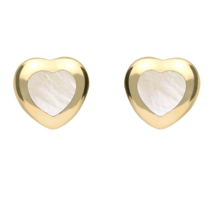 9ct Yellow Gold White Mother of Pearl Framed Heart Stud Earrings - Yellow Gold