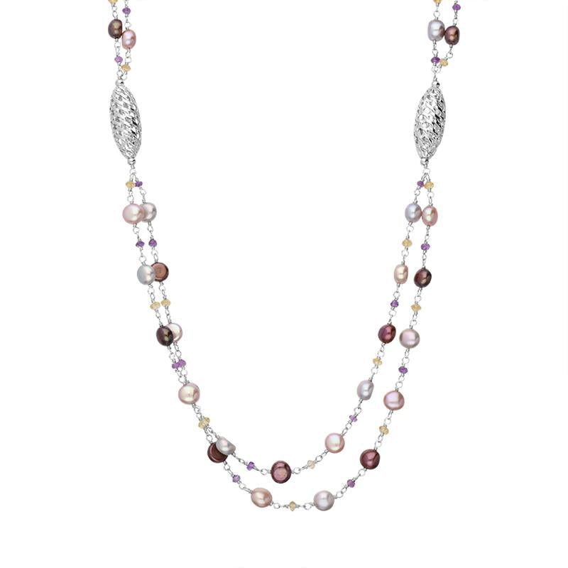 Sterling Silver Pearl Double Chain Beaded Necklace D