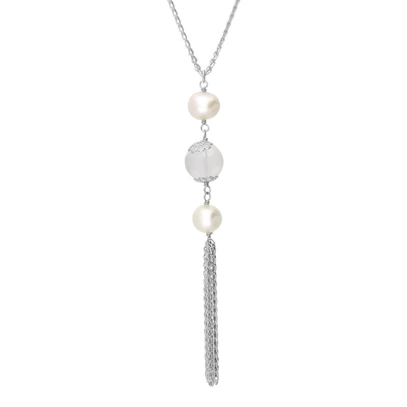 Sterling Silver Pearl Crystal Triple Stone Tassel Drop Necklace
