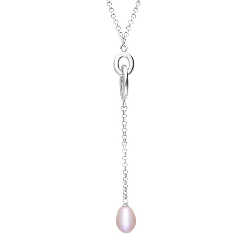 Sterling Silver Pink Pearl Oval Double Drop Necklace D - Silver