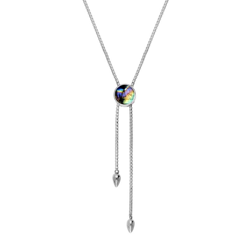 Sterling Silver Spectrolite Lineaire Round Stone Adjustable Necklace
