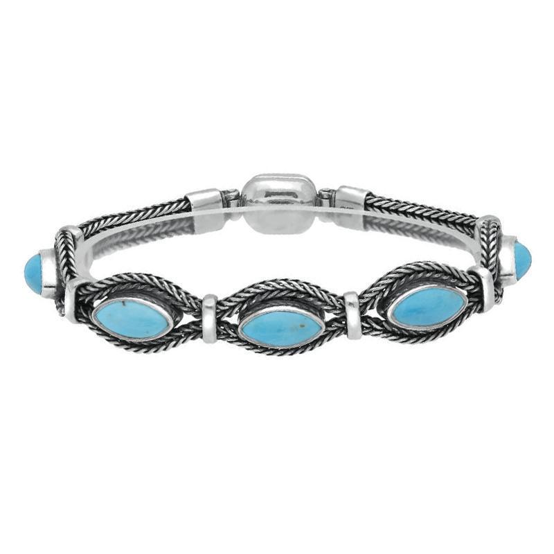 Sterling Silver Turquoise Five Stone Marquise Foxtail Bracelet - Option1 Value Silver