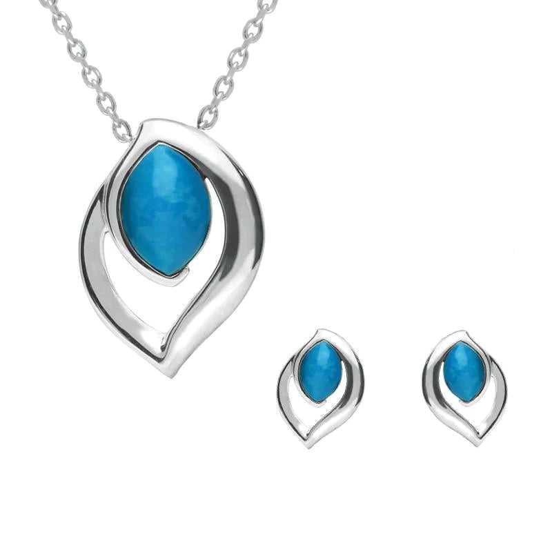 Sterling Silver Turquoise Flame Shaped Two Piece Set - Silver