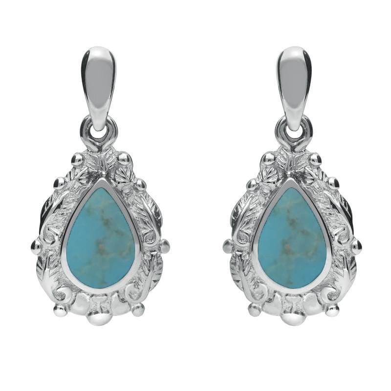 Sterling Silver Turquoise Pear Shaped Leaf Drop Earrings - Silver