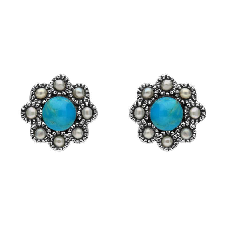 Sterling Silver Turquoise Pearl Round Edge Bead Stud Earrings