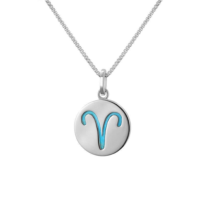 Sterling Silver Turquoise Zodiac Aries Round Necklace - Silver