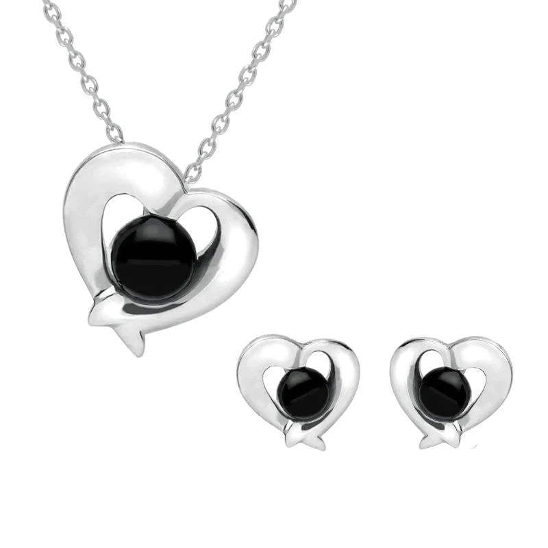 Sterling Silver Whitby Jet Abstract Heart Two Piece Set - Silver