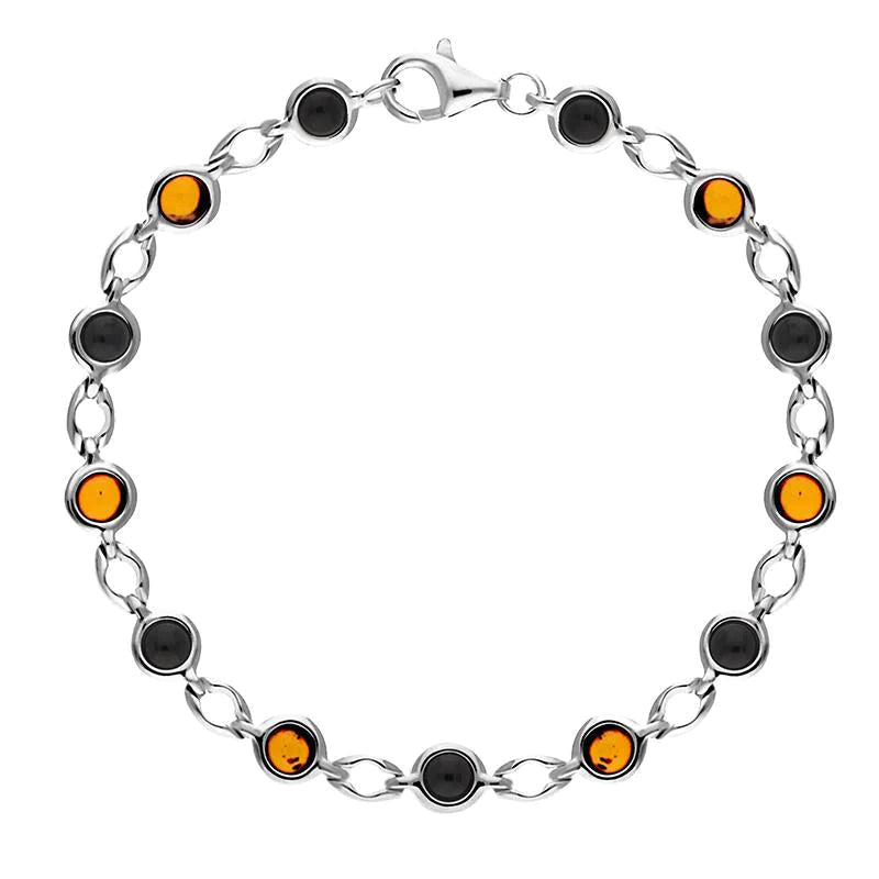 Sterling Silver Whitby Jet Amber Round Stone Link Bracelet - Silver
