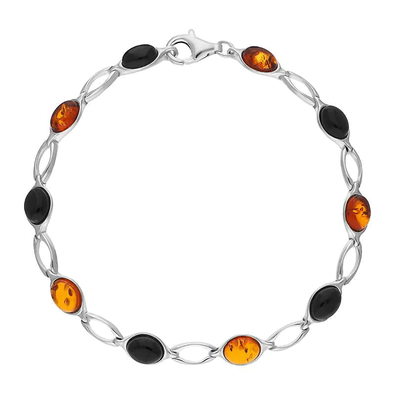 Sterling Silver Whitby Jet Amber Ten Stone Oval Bracelet - Silver
