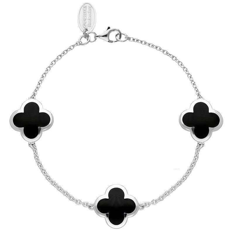 Sterling Silver Whitby Jet Bloom Four Leaf Clover Chain Bracelet