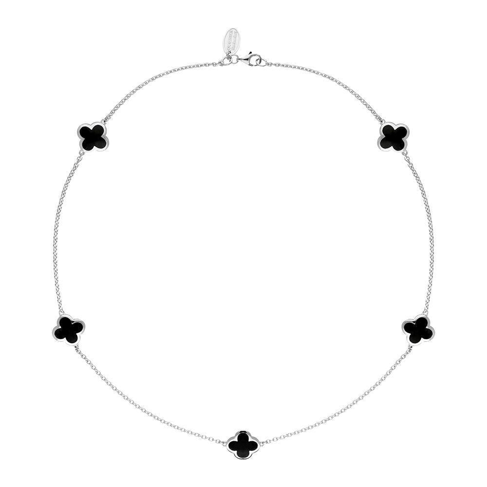 Sterling Silver Whitby Jet Bloom Four Leaf Clover Necklace