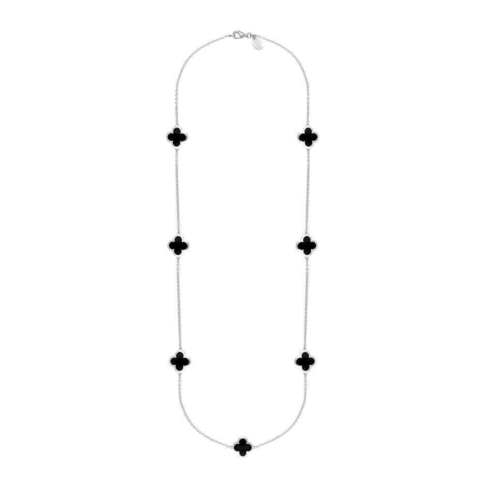 Sterling Silver Whitby Jet Bloom Four Leaf Clover Long Necklace