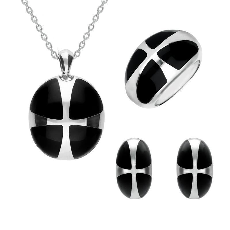 Sterling Silver Whitby Jet Cross Ball Three Piece Set