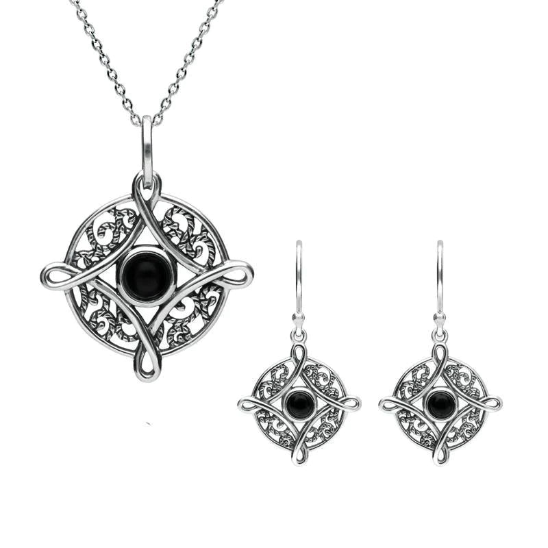 Sterling Silver Whitby Jet Four Point Cross Two Piece Set