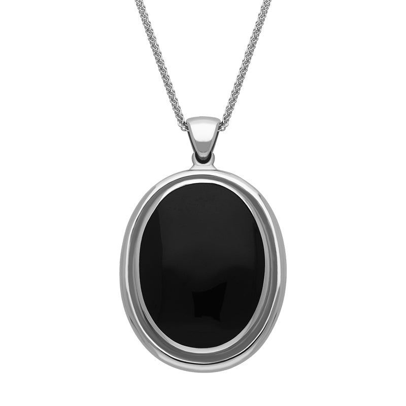 Sterling Silver Whitby Jet Framed Oval Necklace - Silver