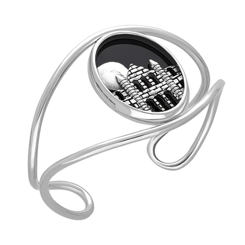 Sterling Silver Whitby Jet Gothic Moon and Abbey Cuff Bangle - Option1 Value Silver