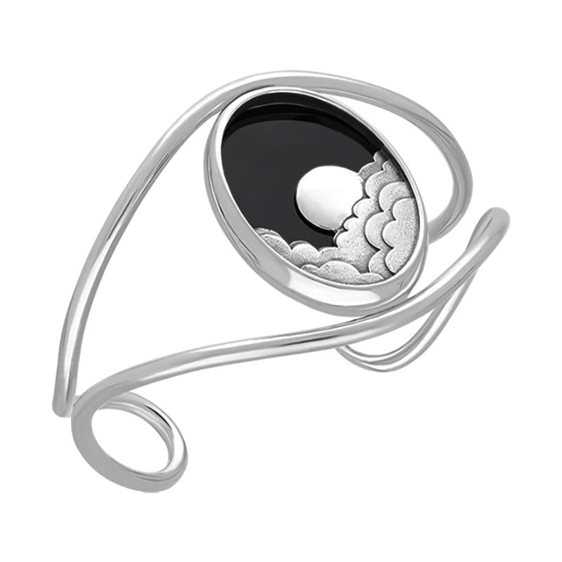 Sterling Silver Whitby Jet Gothic Moon and Cloud Cuff Bangle - Option1 Value Silver