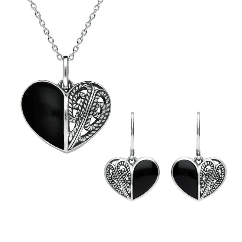 Sterling Silver Whitby Jet Half Stone Heart Two Piece Set - Silver