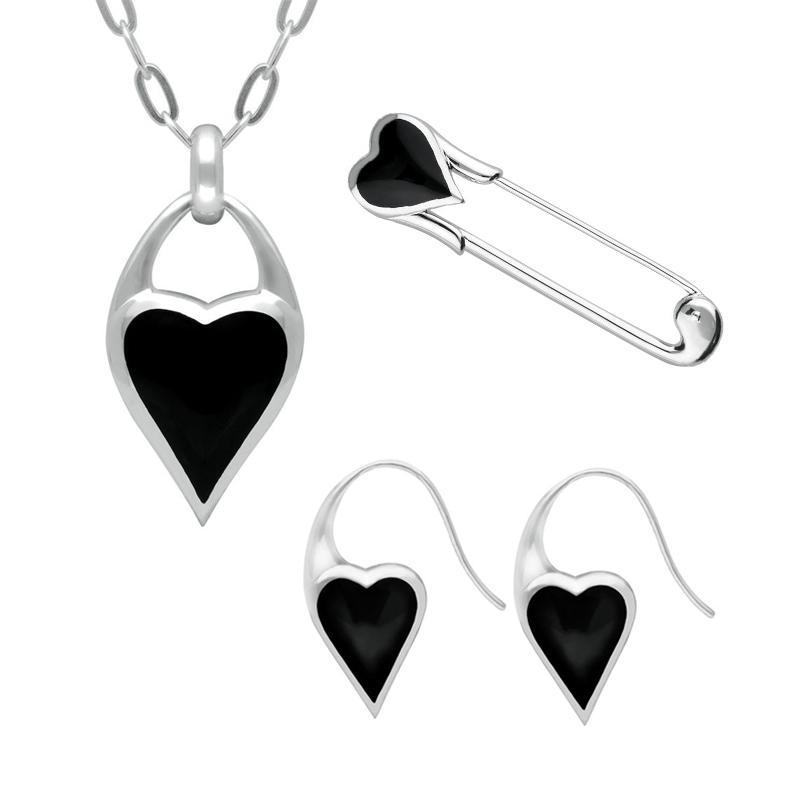 Sterling Silver Whitby Jet Heart Carrier Three Piece Set