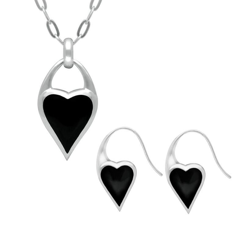 Sterling Silver Whitby Jet Heart Carrier Two Piece Set