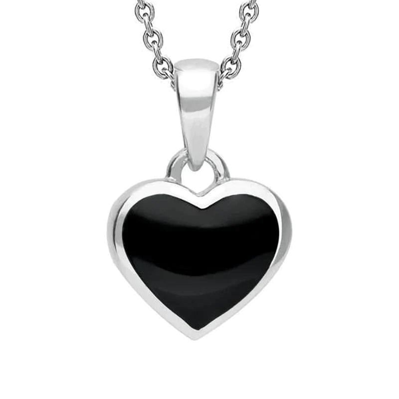 Sterling Silver Whitby Jet Heart Reversible Necklace - Silver